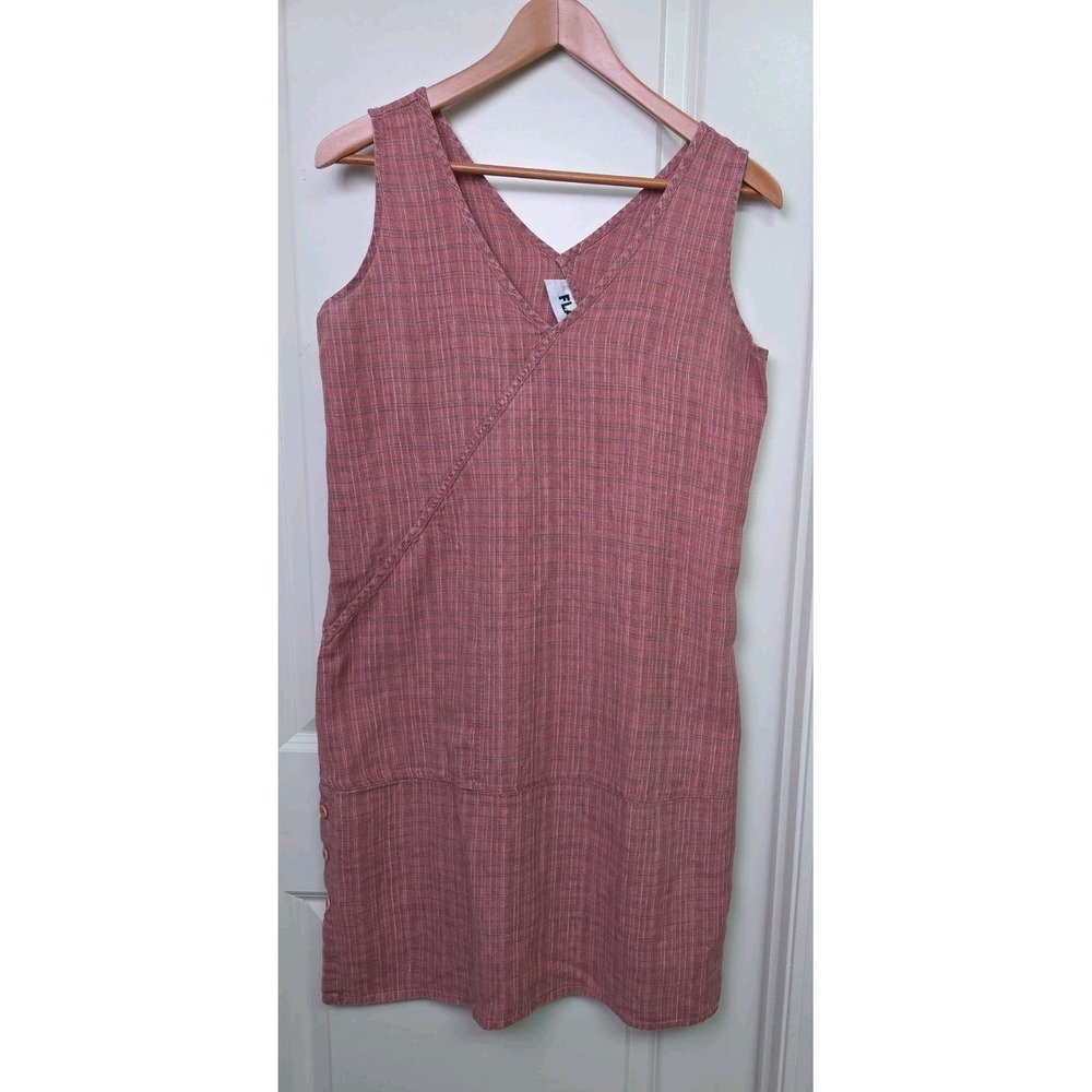 90s FLAX 100% Linen Sleeveless Lagenlook Shift Dress Red Orange Plaid Size S